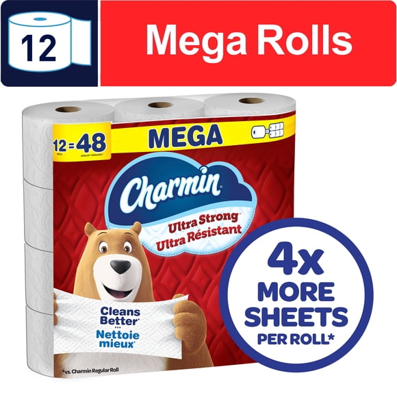 Charmin Toilet Paper Ultra Strong, 12 Mega Rolls (48 Regular Rolls Equivalent), 2-ply Bathroom Tissue