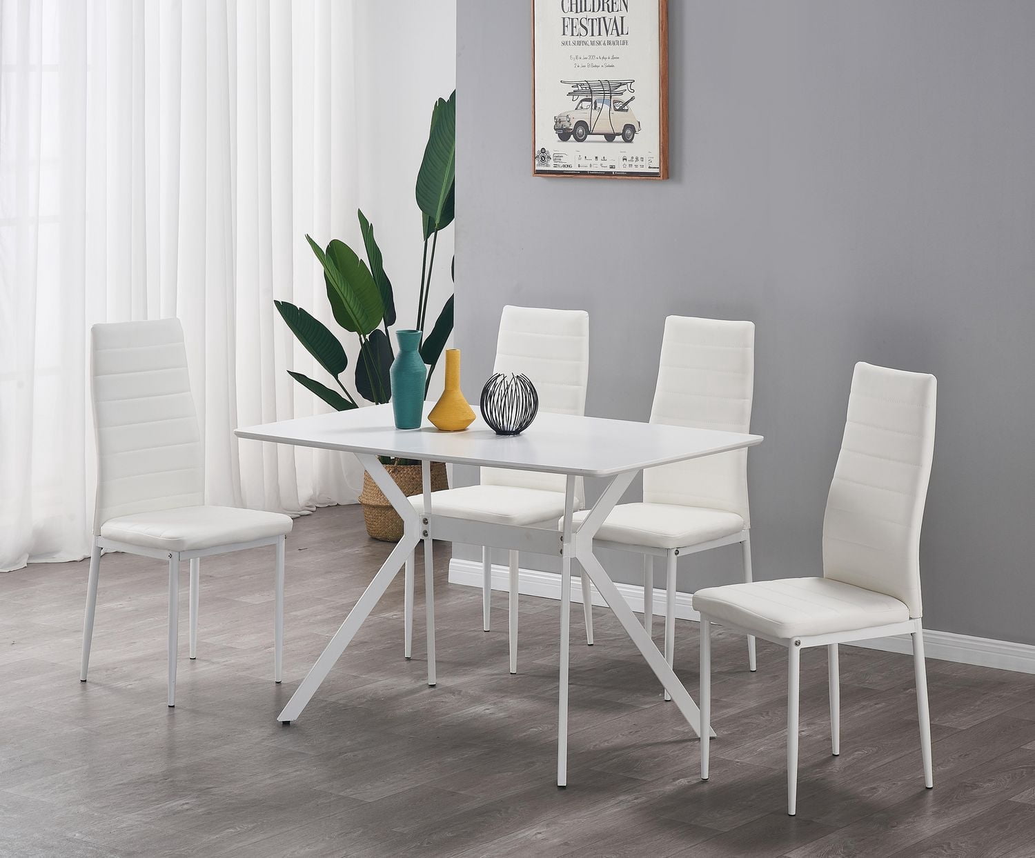 K-Living Nash 5PCS White Anti Scratch, Powder Coated Metal Dining Set with PU Chairs (Table with 4 Chairs)