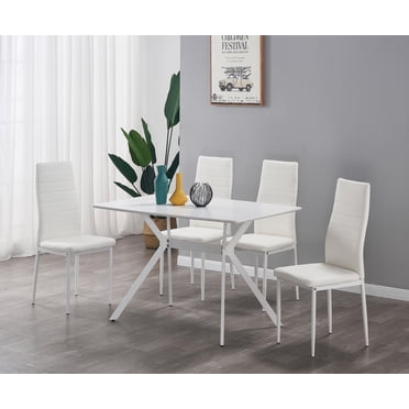 K-Living Nash 5PCS Blanc Anti-Rayures, Ensemble de Salle à Manger en Métal enduit de Poudre avec Chaises PU (Table avec 4 Chaises)