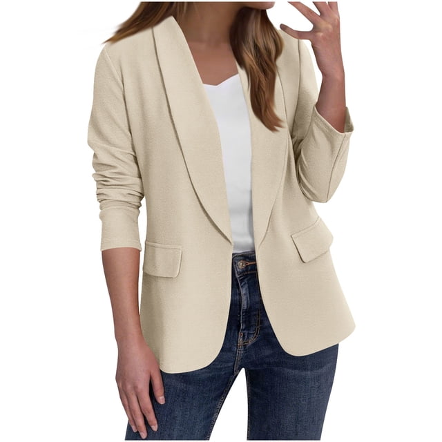 aohooy Vestons Formels pour Femmes Automne Chic Ouvert Col à Revers Veste de Complet Tenue de Bureau Décontractée Manches Longues Blazer de Travail 2025 Beige,m