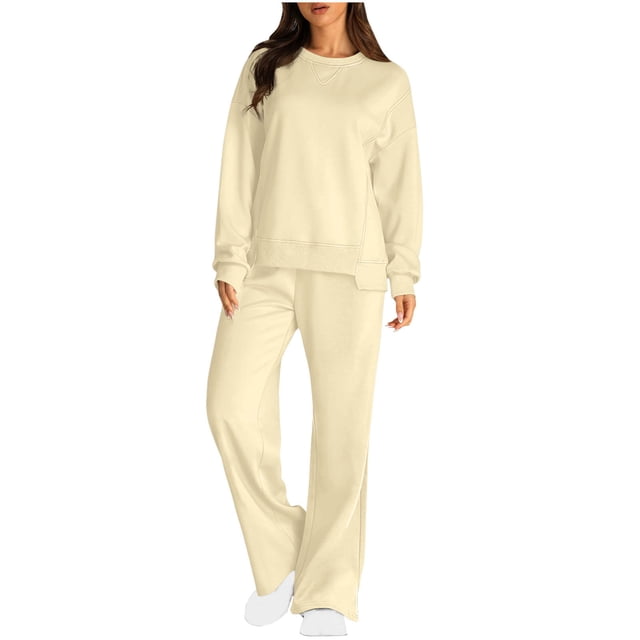 Pisexur Ensembles Deux Pièces pour Femmes Automne Couleur Unie Chandails à Manches Longues à Col Rond Pantalons de Survêtement Amples à Jambe Grand Ensembles de Survêtement Femmes Tenue 2 Pcs Tenue Décontractée de Voyage Tenues de Vacances pour Femmes