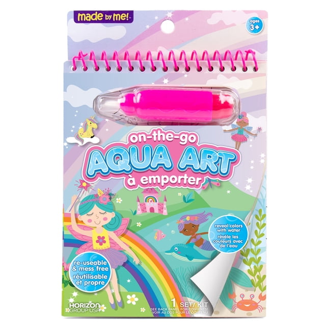 Made By Me On-the-Go Aqua Art fairytale theme spiral-bound water activity book with 4 reusable pages and a refillable pink water brush pen, featuring colorful fairies, a rainbow, a castle, a mermaid, and sea creatures, designed for kids ages 3 and up to reveal colors with water and provide mess-free creative play on the go.