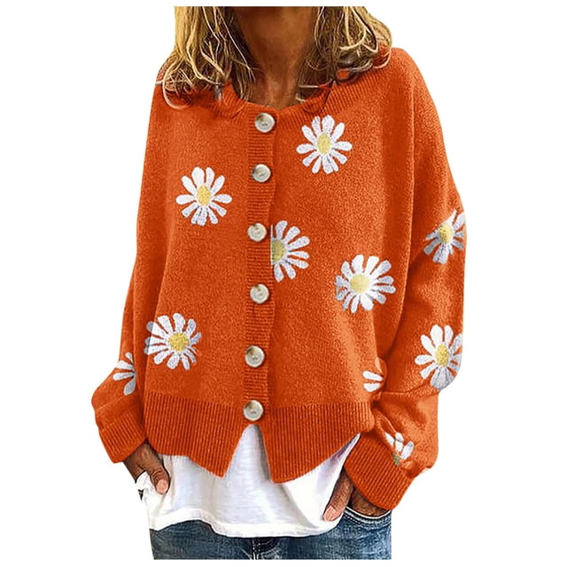 Kcodviy Women Coat Cardigans Daisy Oversized Cardigan Printing Long Sleeve O-Neck Mesh Cardigan Cropped Sweater Top