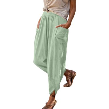 LUOGENLI Female Casual Pants Womens Cotton Linen Fashion Long Pant Elastic Waist High Waist Casual Trousers Women Casual Pants Sets Outfits 2 Piece for Fall Green S