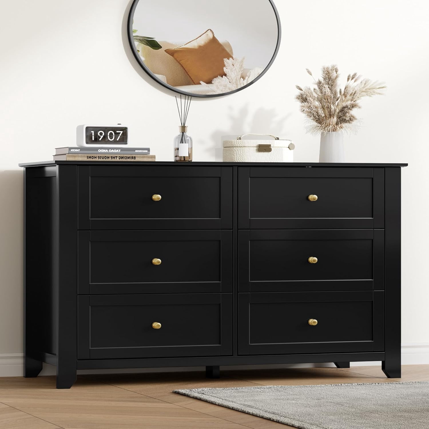54 Inch 6 Drawer Dresser for Bedroom, Modern Wood Storage Chest with Deep Drawers for Living Room, Closet and Hallway,Black