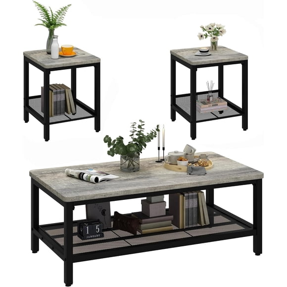 Lamerge Coffee Table Set of 3, Industrial Coffee Table with 2 Square End Side Tables, Modern Living Room Table Set with Metal Frame for Apartment Home Office, Grey