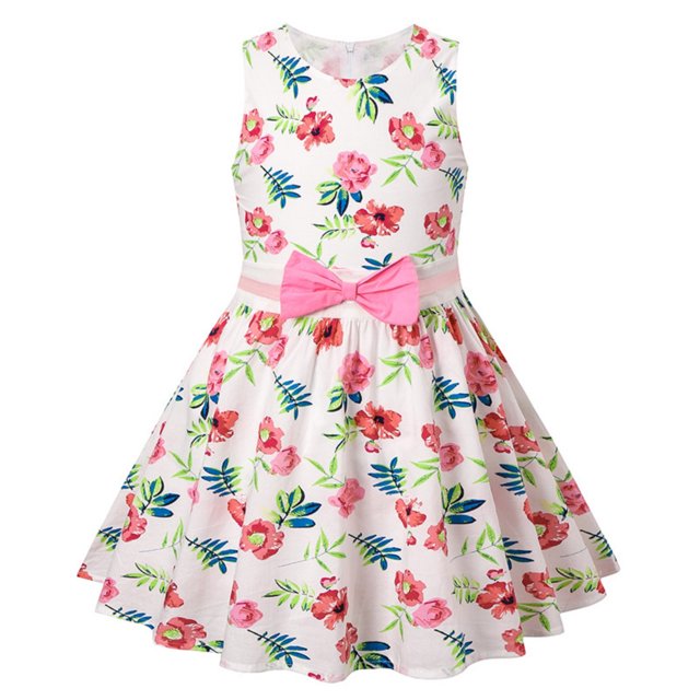 Penkiiy Robe Florale Sans Manches en Coton Imprimé pour Filles 8 Ans Rose