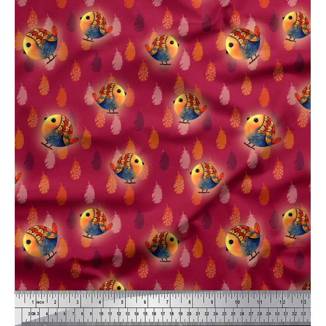 Soimoi Modal Satin Fabric Feather & Bird Cartoon Print Fabric by The Yard 42 Inch Wide