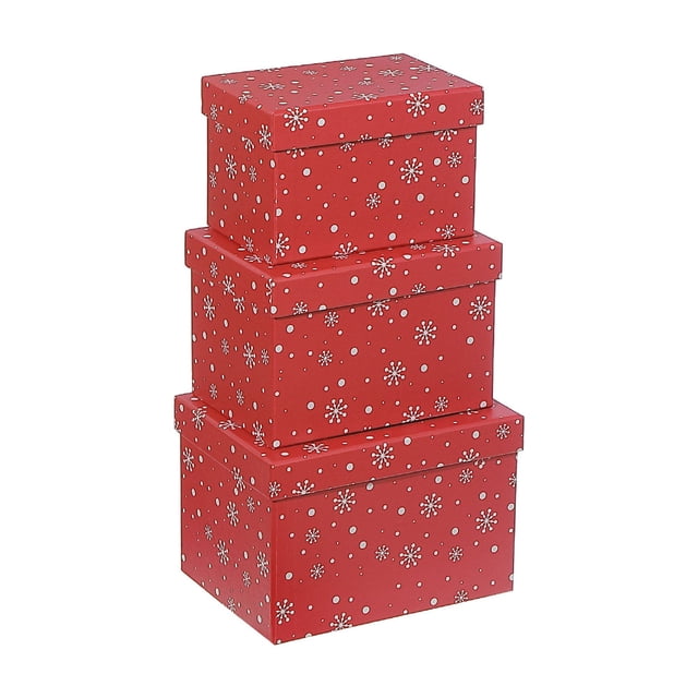 Rect. Nesting Boxes (Snowflake On Red) (Set Of 3) with three red rectangular paper boxes featuring white snowflake and dot patterns, stacked for space-saving holiday storage or gift wrapping, also ideal for organizing seasonal decorations.