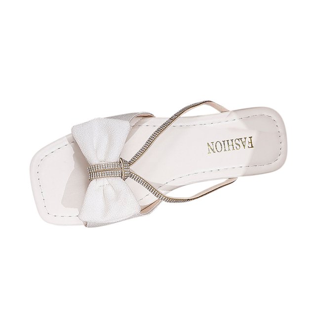 Slide for Womens Flat Open Square Toe Rhinestone Strappy Bow Non Slip Beach Summer Sandals White