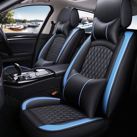 Leadwolf Car Seat Covers Full Set for Honda for Civic 2005-2011 5 Seats Compatible Airbag Leather Waterproof Front Rear Cushion Protector Full Set with Pillow Black and Blue