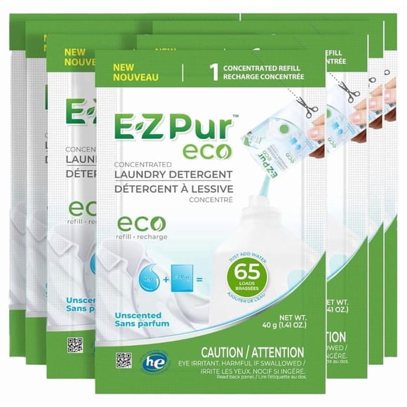 EZ Pur Eco Friendly Concentrated Laundry Detergent, 780 Loads - 12-Pack Refill, 40g Each; Mix with Water to Make 21.6L Unscented Liquid, HE