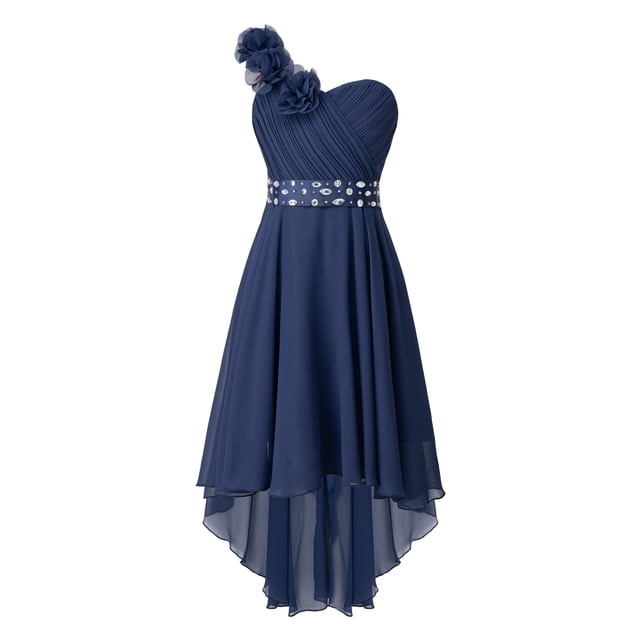 RUNQHUI Robe à une Épaule pour Enfants Filles en Chiffon Demoiselle d'Honneur Robe Haute Basse Robe de Soirée Formelle Bleu Marine 8