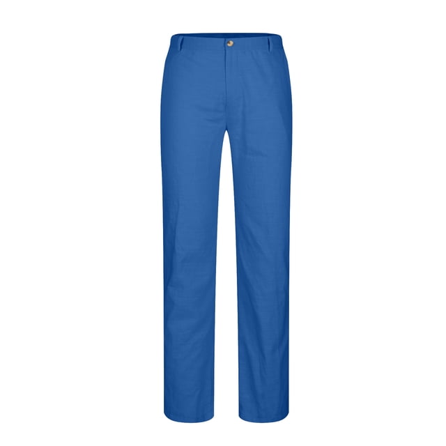 FAIWAD Mens Linen Pants High Waist Straight Leg Trouser Casual Loose Work Business Pants with Pockets. These blue trousers are made from lightweight, breathable polyester, offering a high-waisted fit with a straight leg design. They feature a button closure, belt loops, and a versatile style suitable for casual, work, or formal settings across all seasons.