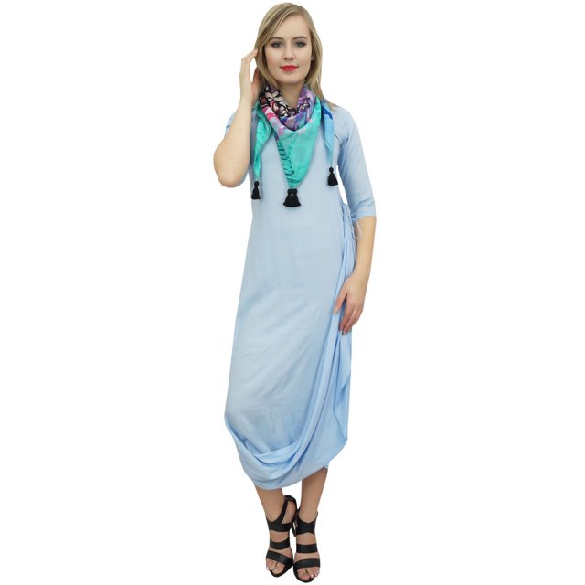 Bimba Robe Longue à Drapé pour Femme Bleu Ciel avec Foulard à Franges Imprimée-8