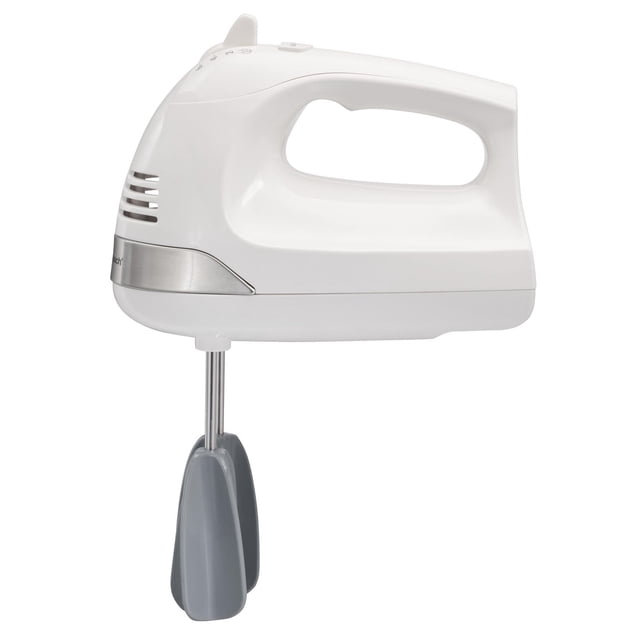 Hamilton Beach 6 speed white hand mixer with easy clean gray beaters attached.