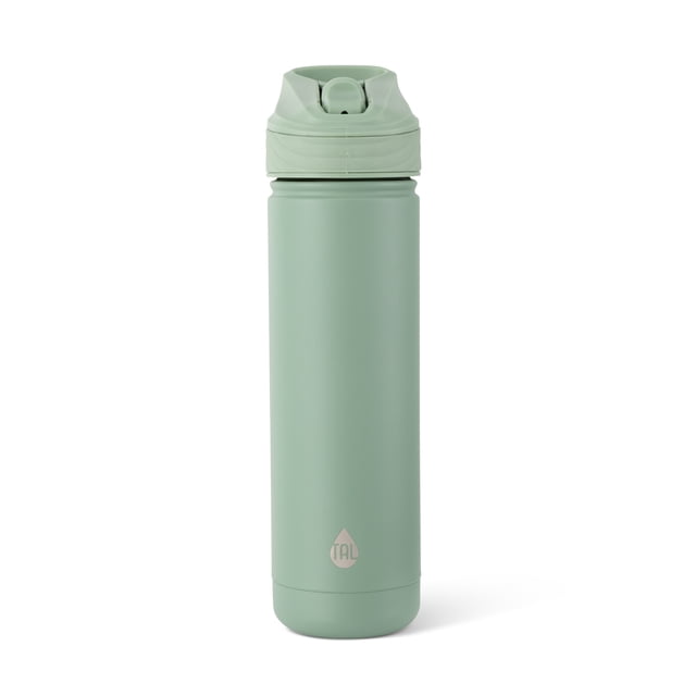 TAL Stainless Steel Ranger Water Bottle with Easy Sip Straw 26oz in sage, featuring a matte-finish stainless steel body, leak-proof flip-up straw lid, and carry loop for portability, designed for outdoor use with a wide opening for easy cleaning and ice addition.