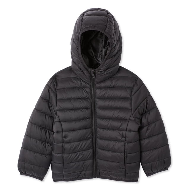 George toddler boys' puffer jacket in black water-repellent quilted taffeta with hood, long sleeves, full-zip front, and two on-seam pockets, ideal for layering and outdoor play in cold weather.