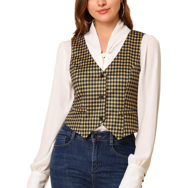 INSPIRE CHIC Veste Sans Manches à Carreaux Extensible Asymétrique pour Femme à Col en V, Taille Cintrée, à Boutons