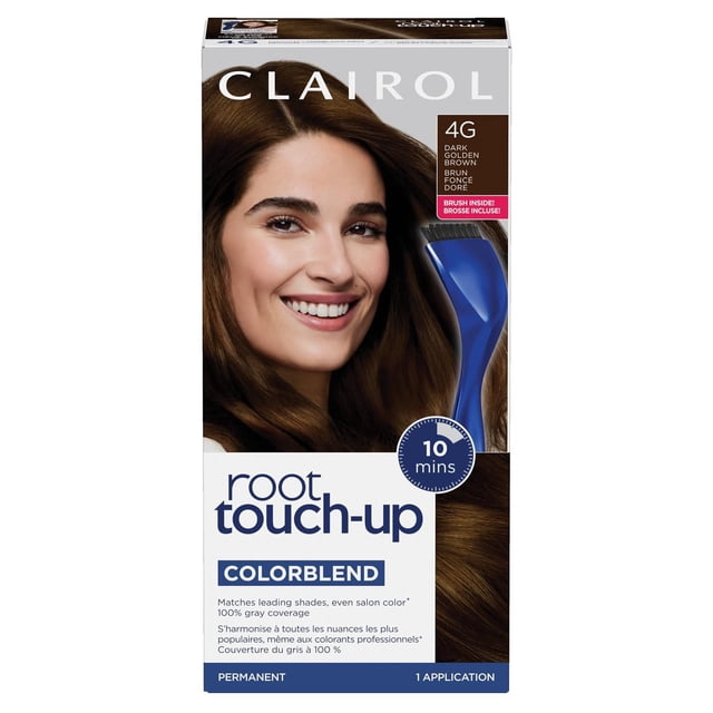 Clairol Root Touch-Up Permanent Hair Colour in 4G Dark Golden Brown with an ergonomic blue brush for precise root application, providing 10-minute permanent gray coverage and color blending to match salon shades, includes one application kit.