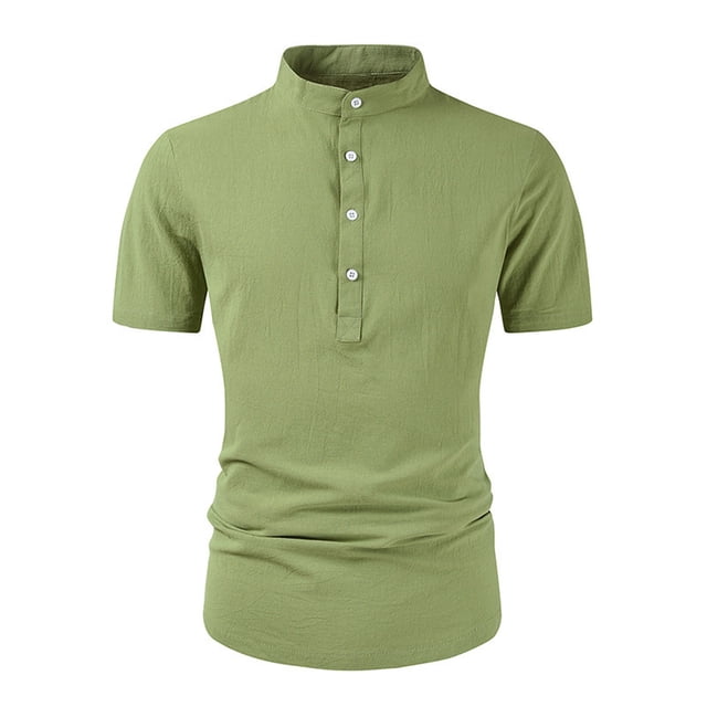 TopLLC Men's Linen Shirts Short Sleeve Plain Polo Shirts Casual Slim Fit Mock Neck Basic Designed Cotton Shirts