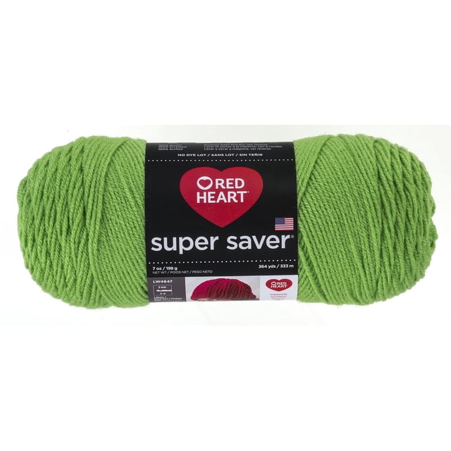Red Heart® Super Saver® Yarn solid green acrylic worsted weight #4 medium yarn, 7oz/198g skein with 364 yards, featuring a black label with Red Heart logo and care instructions, ideal for durable knitting and crocheting projects and often used for crafting home décor items.