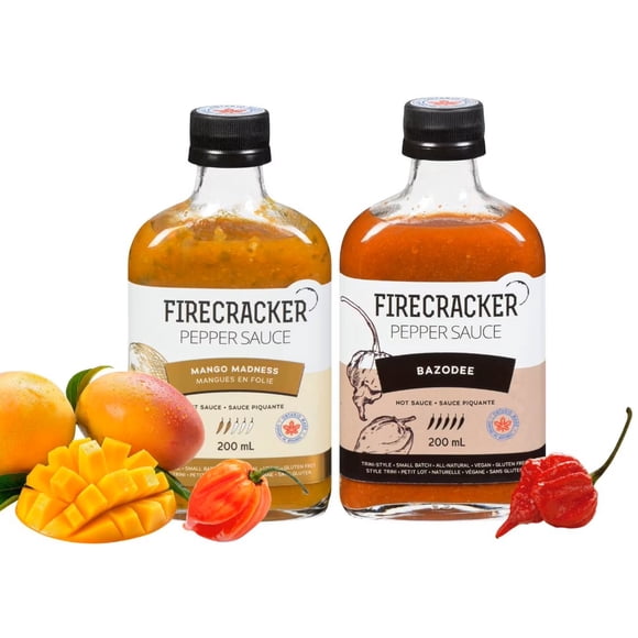 FIRECRACKER PEPPER SAUCE Coffret « Du Plus Doux au Plus Sauvage » (2 Bouteilles) : Mango Madness 200 ml et Bazodee 200 ml