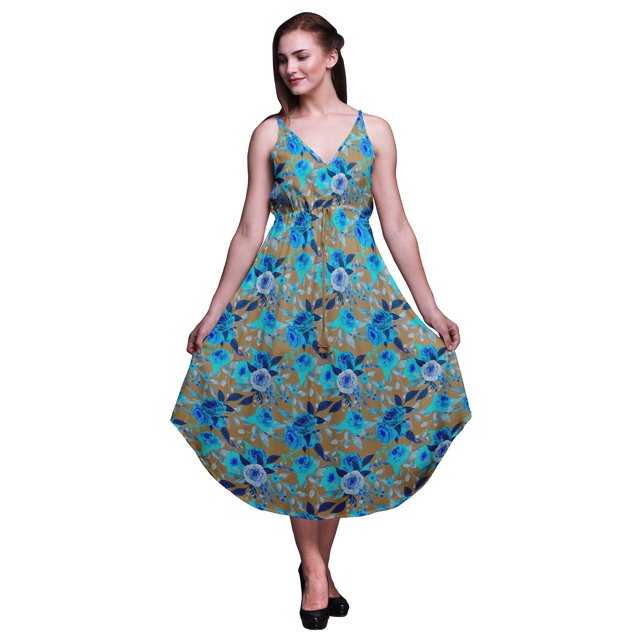 Bimba Robe Midi d'Été à Imprimé Floral pour Femme à Col en V Tenue de Villégiature de Vacances-X-Grand