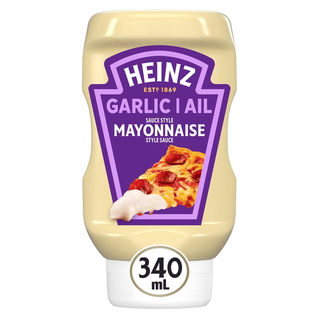 Heinz Sauce Style Mayonnaise à l'Ail Bouteille de 340 ml avec Sauce beige Crémeuse, Étiquette Violette avec Texte Blanc et Lavande, et image de Tranche de pizza pepperoni avec Cuillère à Sauce, Parfait pour Tremper pizza, Frites, Ailes de Poulet et burgers, Fait Sans Colorants Ni Arômes Artificiels.