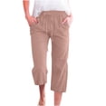 thumbnail image 1 of Bocqde Womens Capri Pants Cotton Linen Elastic Waisted Drawstring Casual Cropped Trousers with Pockets, 1 of 4
