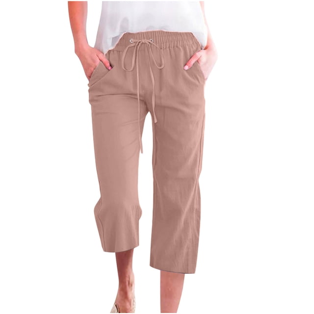Bocqde Womens Capri Pants Cotton Linen Elastic Waisted Drawstring Casual Cropped Trousers with Pockets