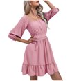 thumbnail image 1 of AherBiu Boho Dresses for Women 3/4 Sleeve Square Neck Ruched Ruffle Summer Beach Cute Mini Dress, 1 of 7