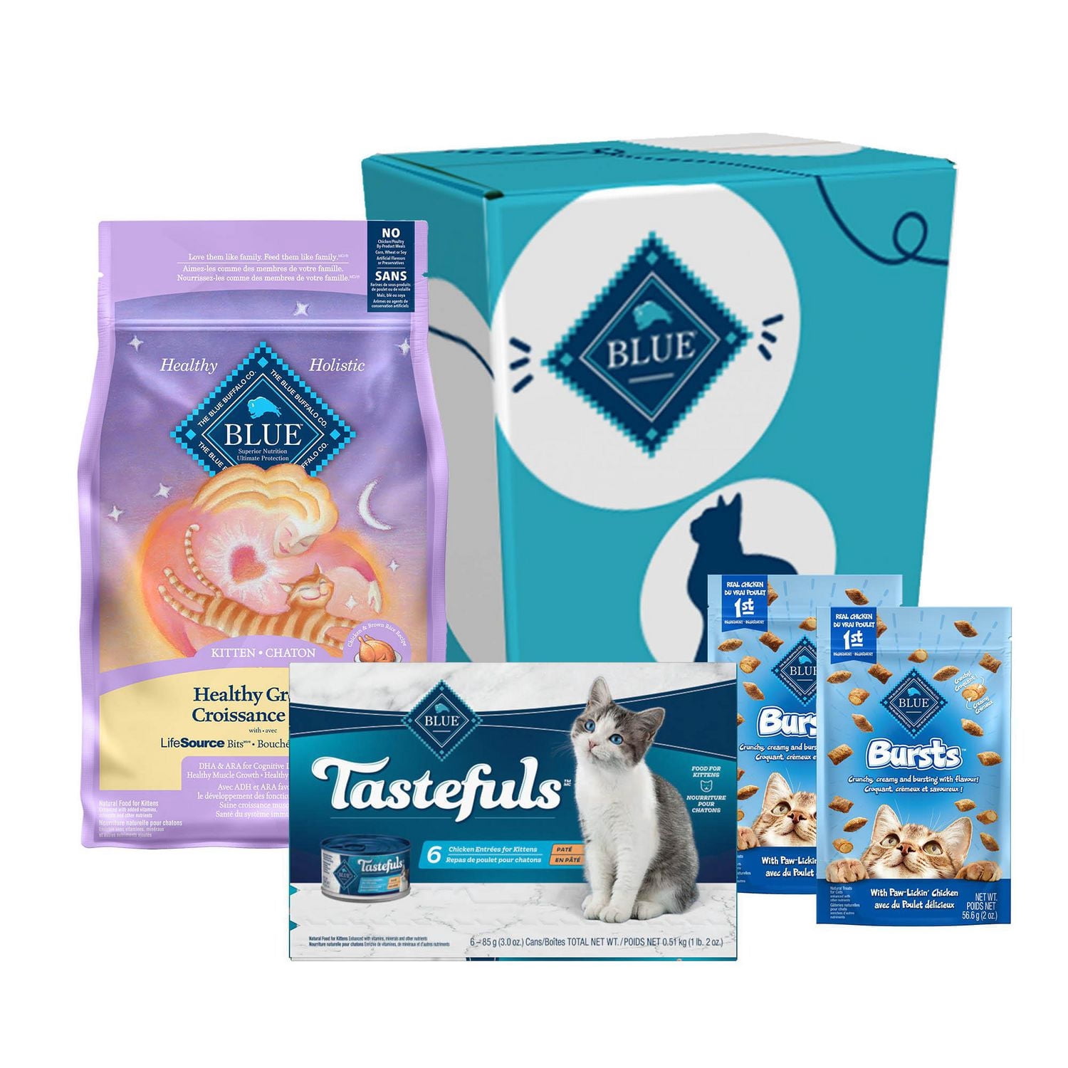 Blue Buffalo Kitten Chicken Dry Cat Food with Treats and Kitten Wet Food Starter Bundle