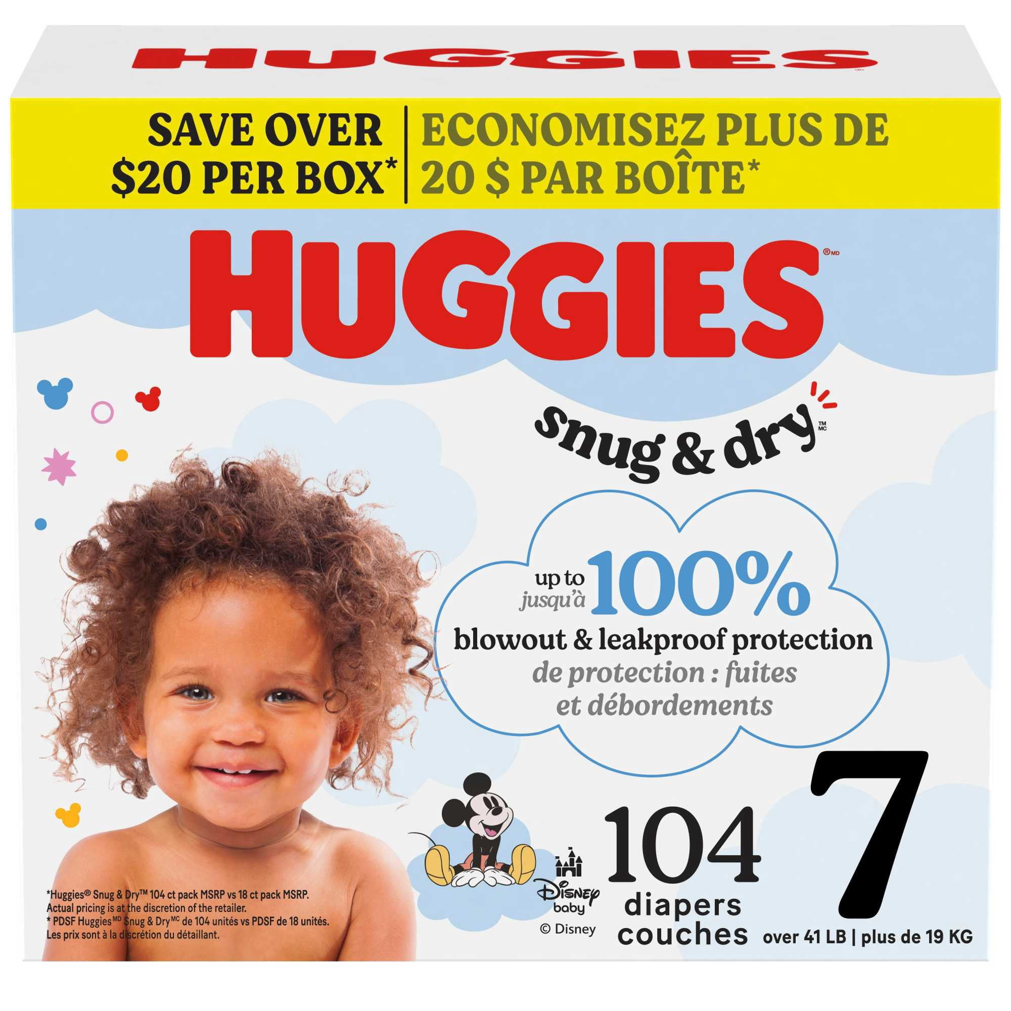 Couches pour bébé Huggies Snug & Dry, taille 7 (31-48 lb), contenant de 104 unités