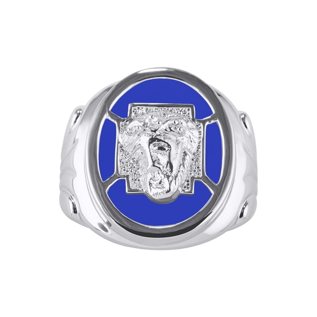 RYLOS Men's Rings Sterling Silver Christ Head Religious Ring With Diamonds and Blue Quartz Designer Men's Jewelry Size 13
