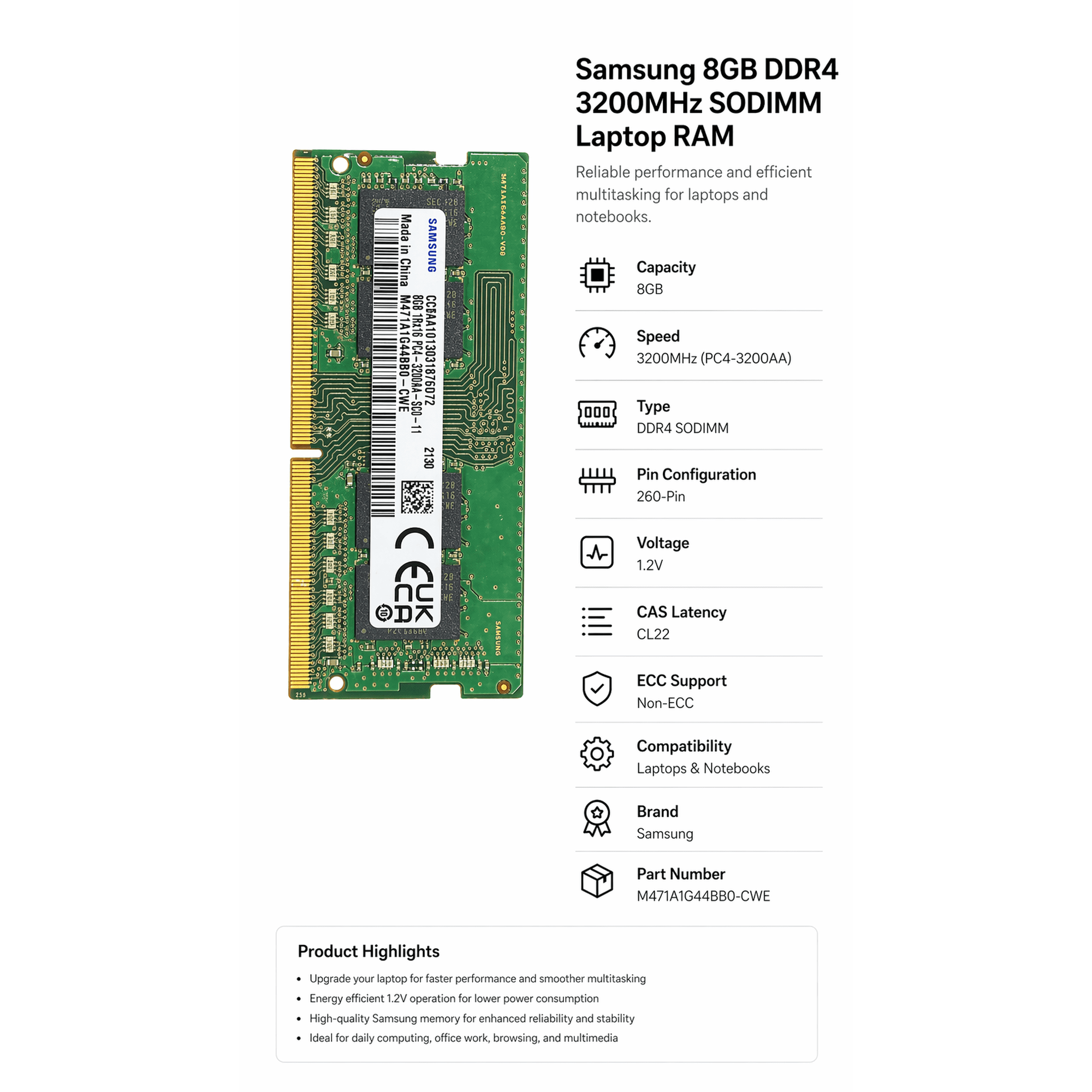 Samsung 8GB DDR4 3200MHz SODIMM Laptop RAM (PC4-3200AA) – 260-Pin