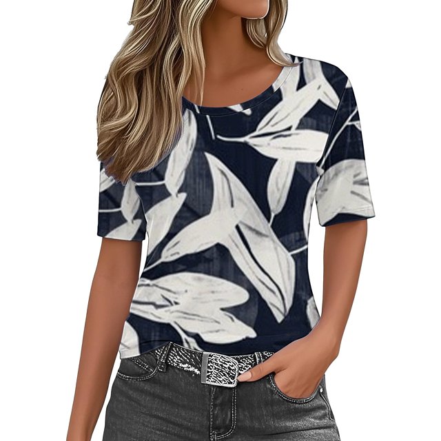 WZXFASHION Hauts d'Été pour Femmes 2025 Col Rond Manches Courtes T-Shirts Blouses Décontractées T-Shirts Imprimés Mignons Amples Tenues Tendance Économies d'Été Liquidation T-shirt à Manches Courtes pour Femme