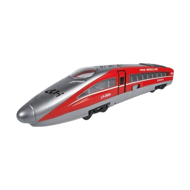 HILABEE High Speed Train Modern Locomotives Sliding Train Toy in red and silver with detailed design, inertia sliding feature, sound and light effects, and moveable doors. Made of durable material with baking paint finish, ideal for interactive play and children who enjoy model trains.