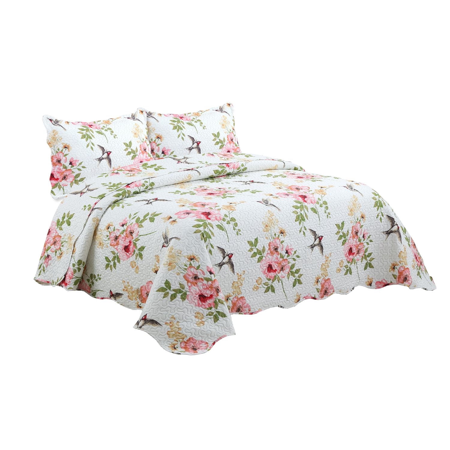 Marina Decoration Couvre-lit Pinsonic imprimé en relief, ensemble de couette d'été ultra doux avec taies d'oreiller, motif floral rose et oiseaux