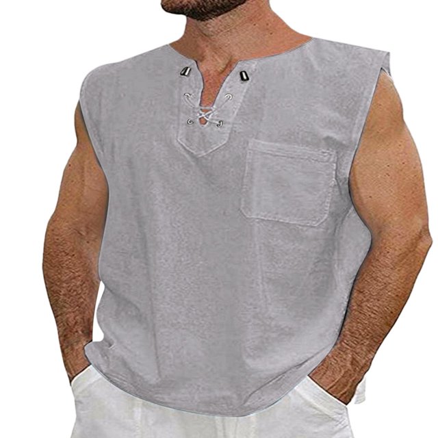 Solid Color Tie-Up Pocket Tank Tops Men‘s Muscle Fitness Sports Vest