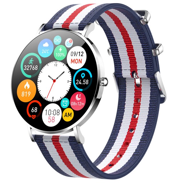 T8 Women's Ultra-thin Bluetooth Smart Call Watch with a 1.3-inch AMOLED screen, showcasing a round dial with vibrant app icons. The wearable technology features a striped nylon strap in red, white, and blue. Functions include pedometer, heart rate monitoring, Bluetooth call capability, and swimming waterproof design. Compatible with iOS platforms, ideal for ladies, teenagers, couples, and adults.