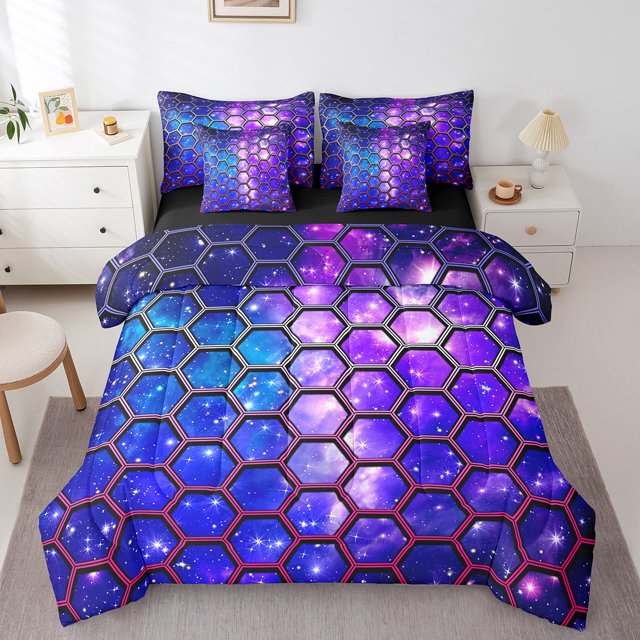 Erosebridal Literie Géométrique pour Enfants Format Simple, Ensemble de Lit Violet Bleu Format Simple, Déco Galaxie Scintillante, Réversible 7 Pcs