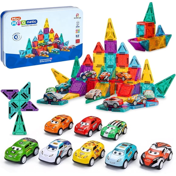 Mini Tuiles Magnétiques 62 Pcs avec 8 Voitures en Métal Tuiles de Construction Magnétiques de Voyage avec Boîte de Rangement Jouet Magnétique pour Enfants Ensemble Éducatif STIM Jouets de Construction Garçons Filles Tout-Petits Cadeaux d'Anniversaire 3 4 5 6 7 8