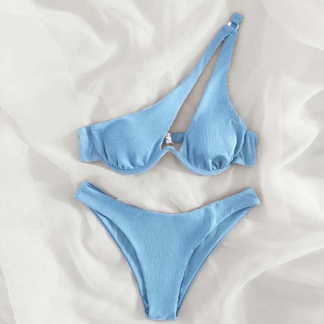 Cameland Ladies' Sexy Split Shoulder Steel Support Bikini Solid Color Two-piece Swimsuit