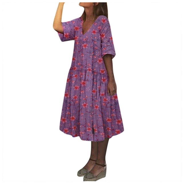 Birdeem Womens Casual V-Neck Printed Short Sleeved Dress