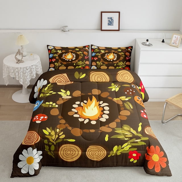 Erosebridal Nature Adventure Bedding Twin Comforter Set, Rustic Camper Down Comforter, Wood Floral Decor, Reversible 2pcs