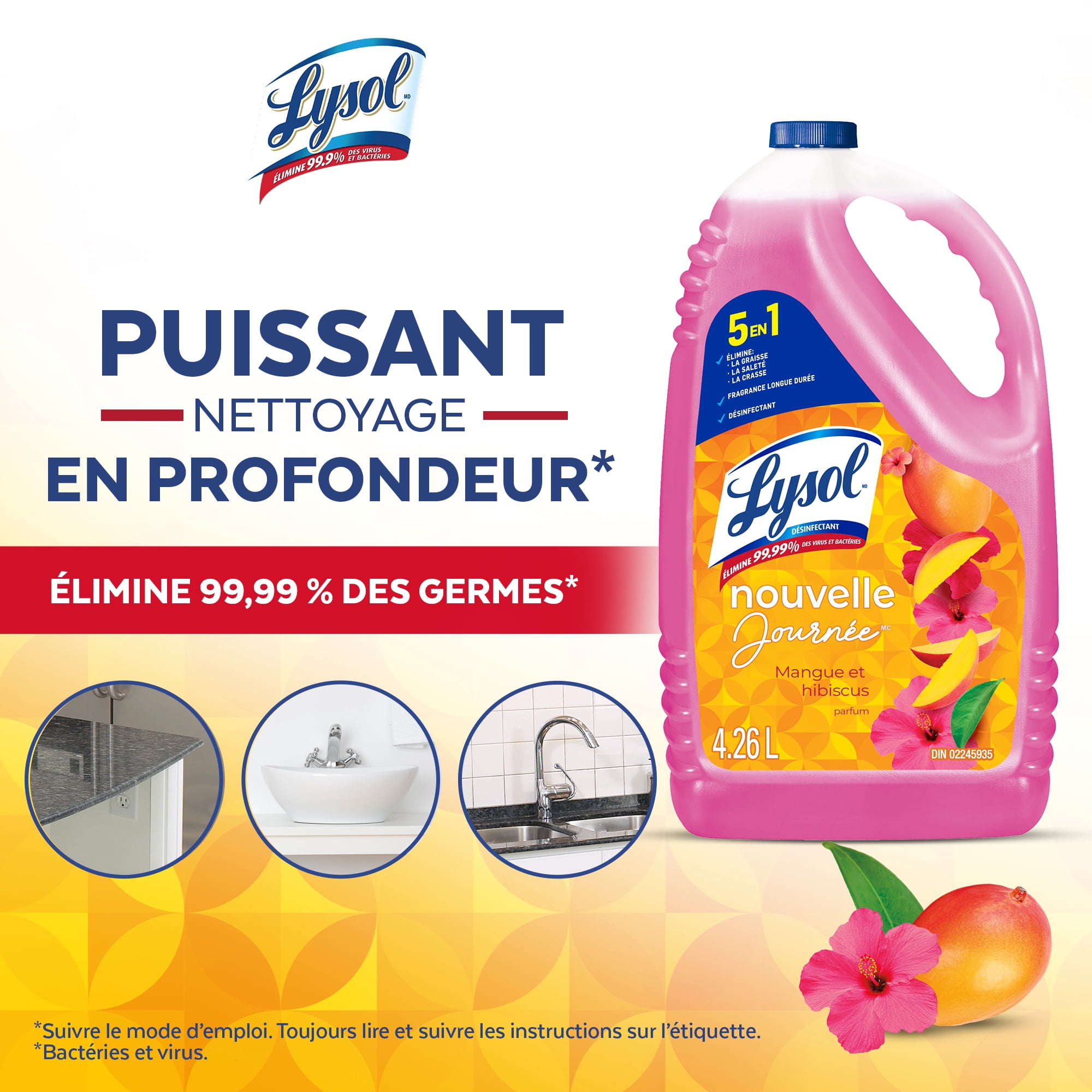Lysol® Multi-Surface Cleaner, Pourable Disinfecting All-Purpose Cleaner for Floor & Hard Surfaces, Cuts Grease & Grime, Brand New Day ™ Mango & Hibiscus, 4.26 L