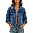 thumbnail image 1 of Timegard Women's Basic Button down Stretch Fitted Long Sleeves Denim Jacket Collared Crop Jean Jackets Fashion,Dark Blue,XXL, 1 of 9