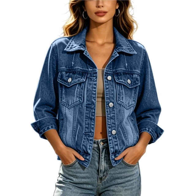Timegard Women's Basic Button down Stretch Fitted Long Sleeves Denim Jacket Collared Crop Jean Jackets Fashion,Dark Blue,XXL
