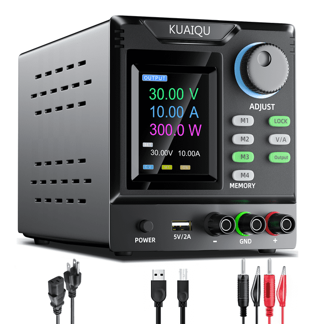 KUAIQU Alimentation CC 30V 10A Variable, Alimentation de Banc avec Stockage de Mémoire et Bouton de Codeur, Interrupteur de Sortie et Bouton de Verrouillage, Écran Couleur, Alimentations Réglables et Régulées pour la Recharge de Batterie